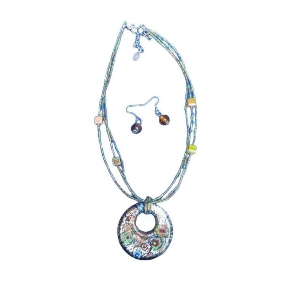 Vtg Handmade Beaded Millefiori Necklace Large Floral Glass Pendant Earrings Set - Picture 3 of 3